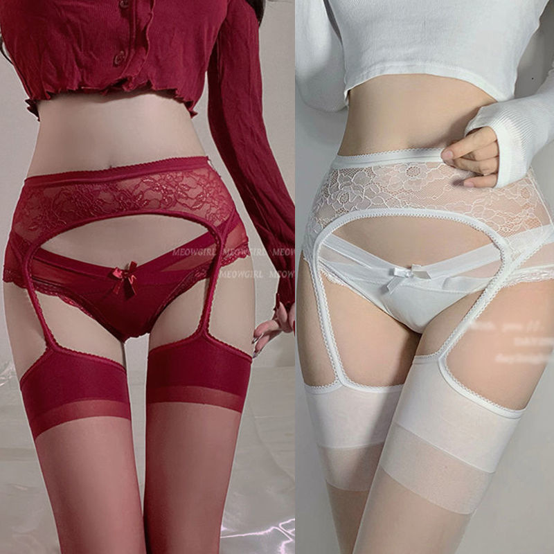 Internet Celebrity Sexy Ultra-Thin Lace Garter Stockings Pure Desire Black Silk Garter Stockings Four-Sided Open Crotch All-In-One Stockings