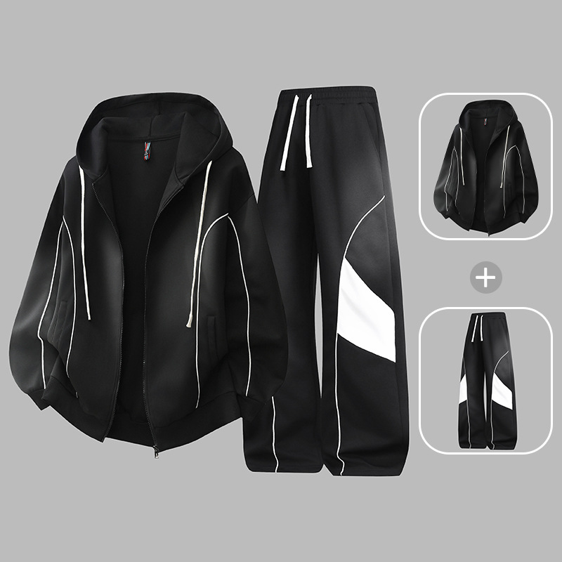 春秋款青少年潮牌连帽开衫卫衣外套卫裤男春秋宽松休闲运动套装男