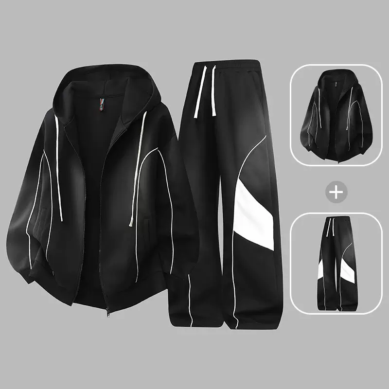 春秋款青少年潮牌连帽开衫卫衣外套卫裤男春秋宽松休闲运动套装男