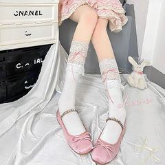 Spring Summer Floral Edge Female Socks Ballet Style Bow Ribbon Thin Lace Edge Medium Calf Short Lolita Socks