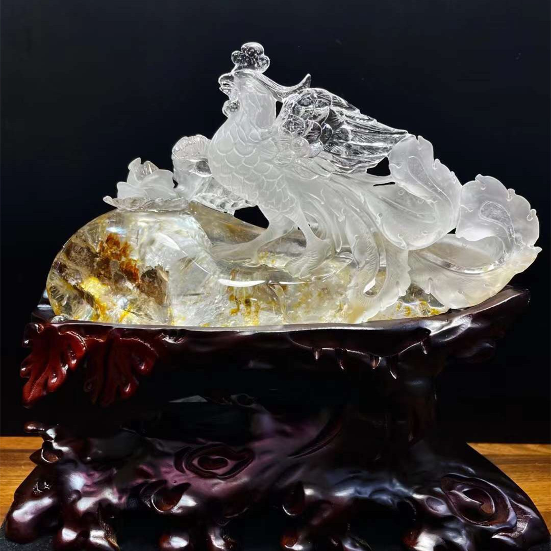 天然白水晶精雕凤凰牡丹 水晶原石凤凰牡丹原石摆件