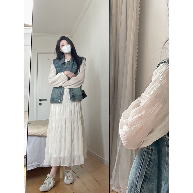秋季穿搭一整套温柔风小香风牛仔马甲两件式洋装韩版气质高级感|undefined
