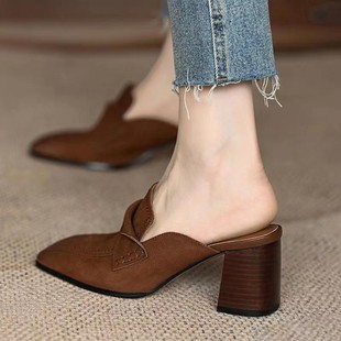 2025 Summer and Autumn Thick Heeled Baotou Half-tow Women's New Outfit Lazy Muller Shoes Simple Square Head High Heeled Lazy Shoes