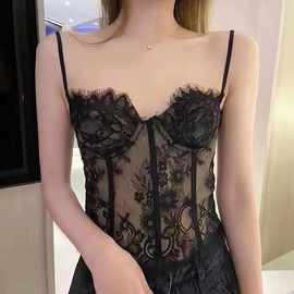 欧洲站momoshero 岛歌情书 法式鱼骨蕾丝性感吊带背心女内搭上衣
