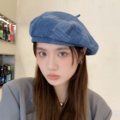 デニムのベレー帽の日本の文芸の復古の筋の感覚の格子縞の八角の帽子の街は百合の顔の小さい画家の帽子を撮影します。