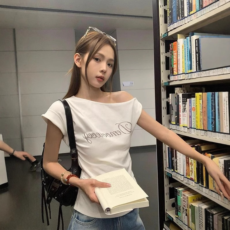[260g Rayon Modal] Oblique Shoulder Twisted Letter Hot Diamond Short-Sleeved T-Shirt Women's New Off-Shoulder Sexy Top
