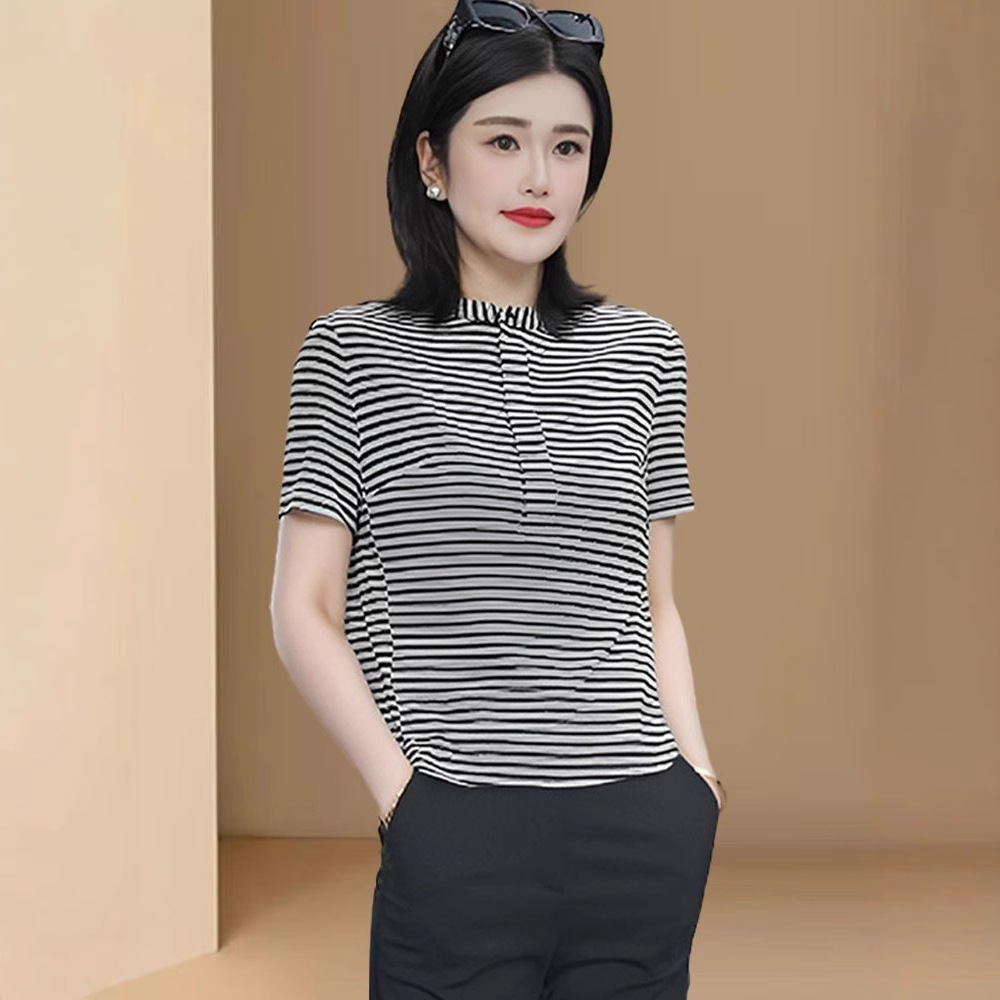 Dropshipping 2025 Summer New Fashion Stylish Stand Collar Button Short Sleeve T-Shirt Striped Casual Versatile Top
