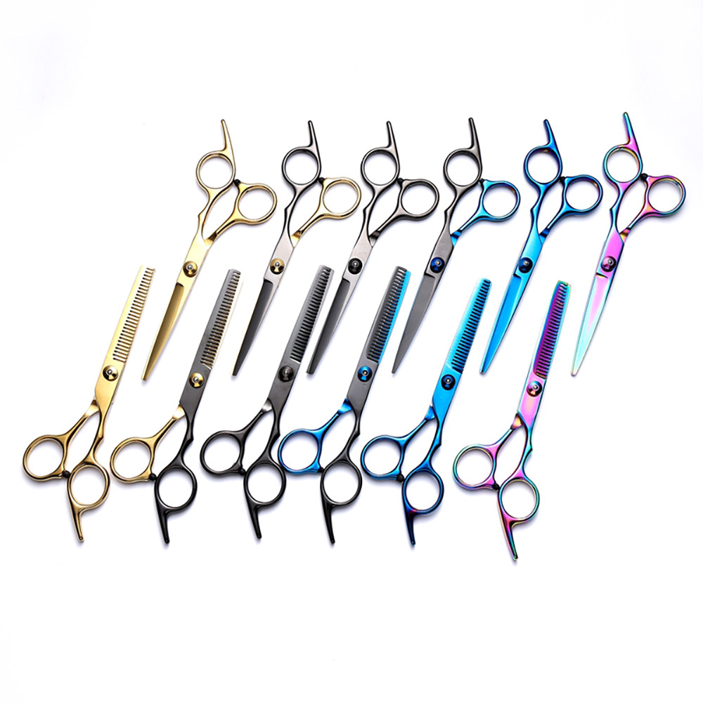 Corte de pelo tijeras transfronterizas amazonas color tijeras de dientes planas cortadas delgadas frange tijeras divisorias fábrica de tijeras al por mayor set de tijeras de peluquería