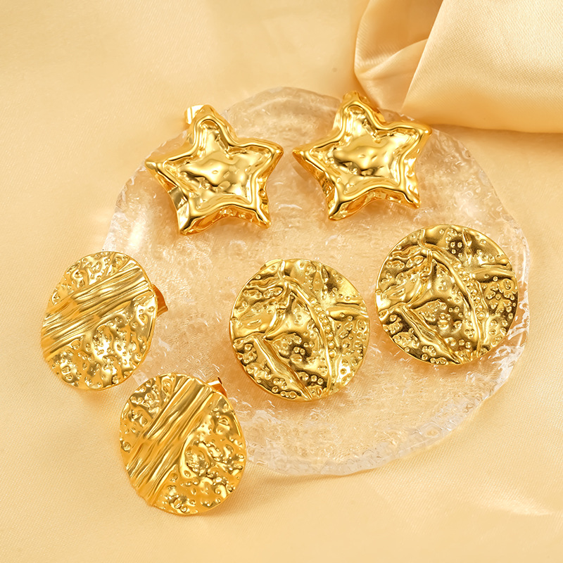 Stainless Steel Gold Plated Stud Earrings Retro Round Pattern_voghion.com