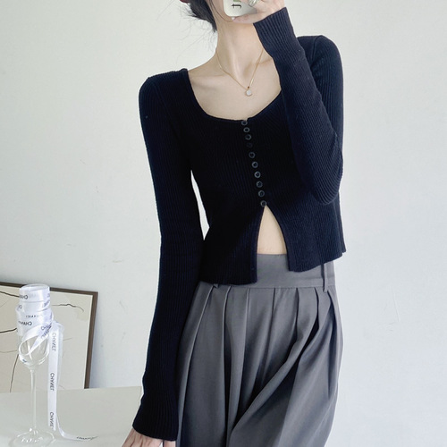 Pure Desire Boneless Square Collar Knit Basic Top Women Autumn/Winter High-End Gray Sweater Underwear Design-Small Group Upper Body Design