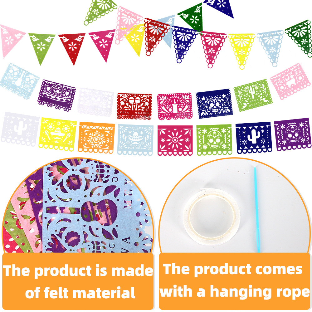 Decoración de fiesta mexicana bandera de tracción no tejida bandera triangular hueca 5 de mayo Día de los Muertos atmósfera diseño bandera de colores
