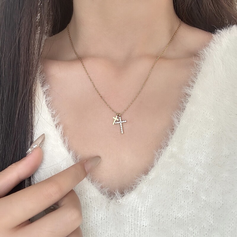 跨境饰品不锈钢双十字架吊坠项链女轻奢高级感时尚钛钢百搭锁骨链|undefined