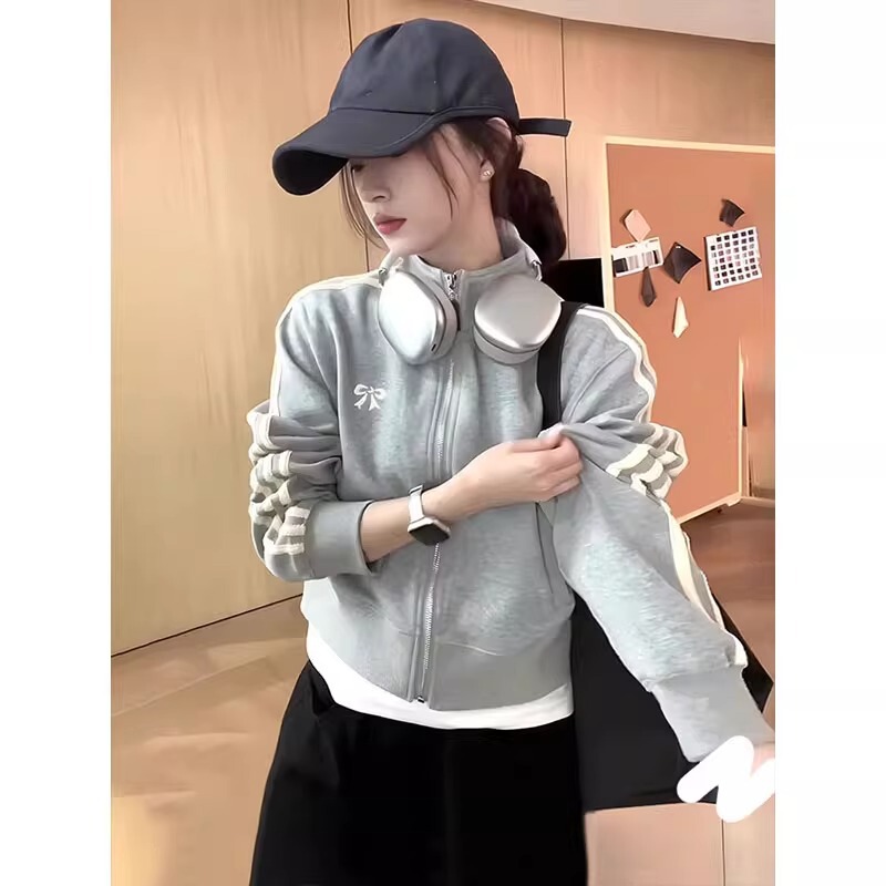 美式复古藏青色立领卫衣开衫女秋季小个子短款棒球服宽松拉链外套|undefined