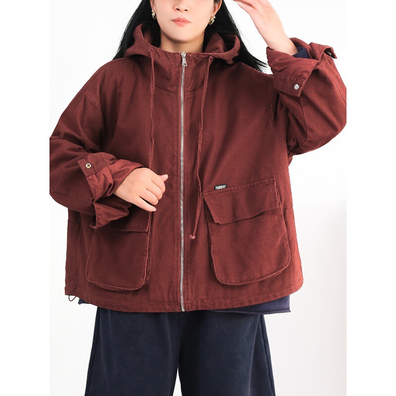 Personalized Large Pocket Workwear Hooded Jacket for Women, Loose Plus Size, Slimming Casual Style, All-Cotton Cardigan Top