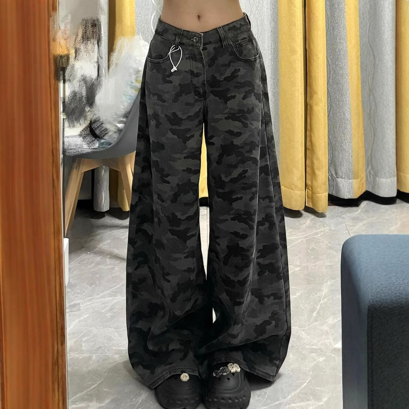 American Camouflage Jeans for Women, High-Waisted, Loose, Hot Girl, Straight-Leg Workwear, Wide-Leg Pants, Trendy 2025 Spring New Style
