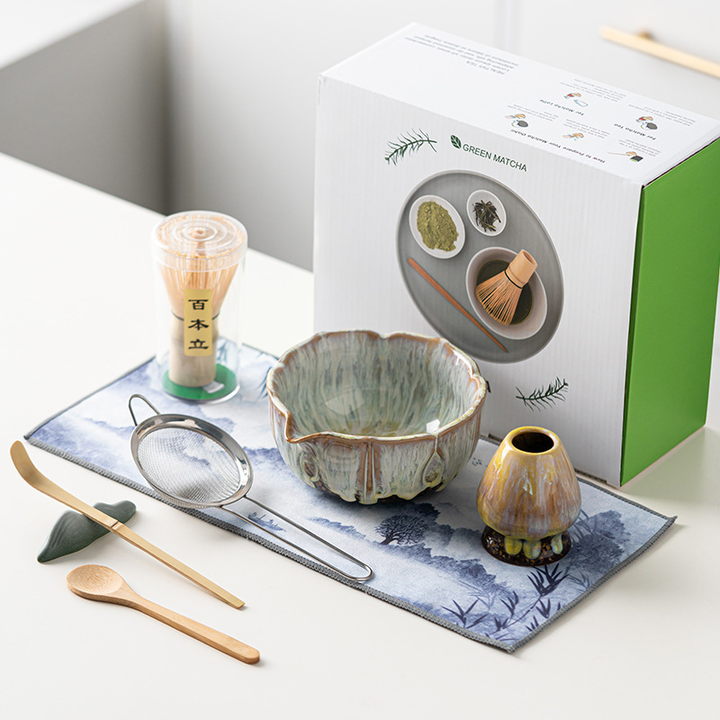 Qihuang Brushed Vintage Kiln-Changed Matcha Set with Tea Whisk and Spout, Handmade Tea Set, Light Luxury
