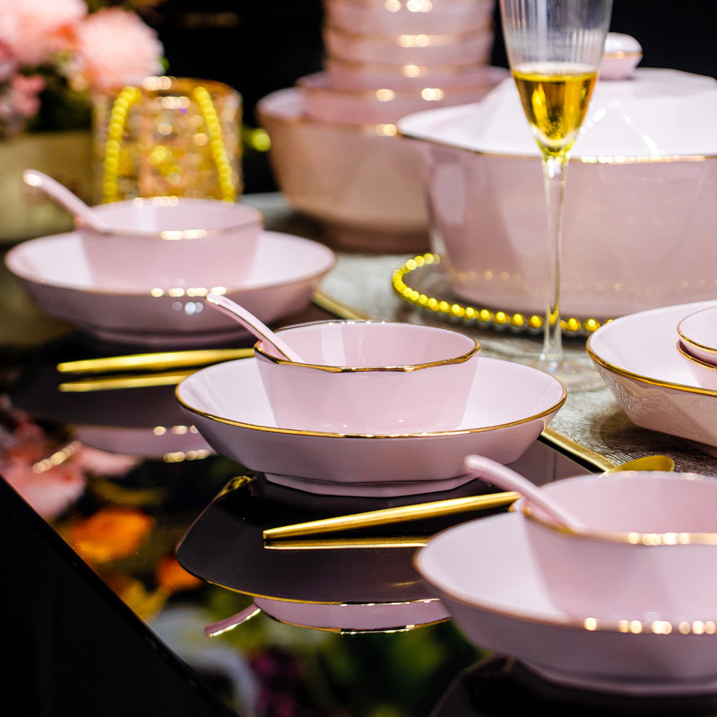 Gold Bowl Plate Chopsticks Internet Popular Ins Style High Color Value Powder Diamond Ceramic Tableware Dishes suit Home DIY