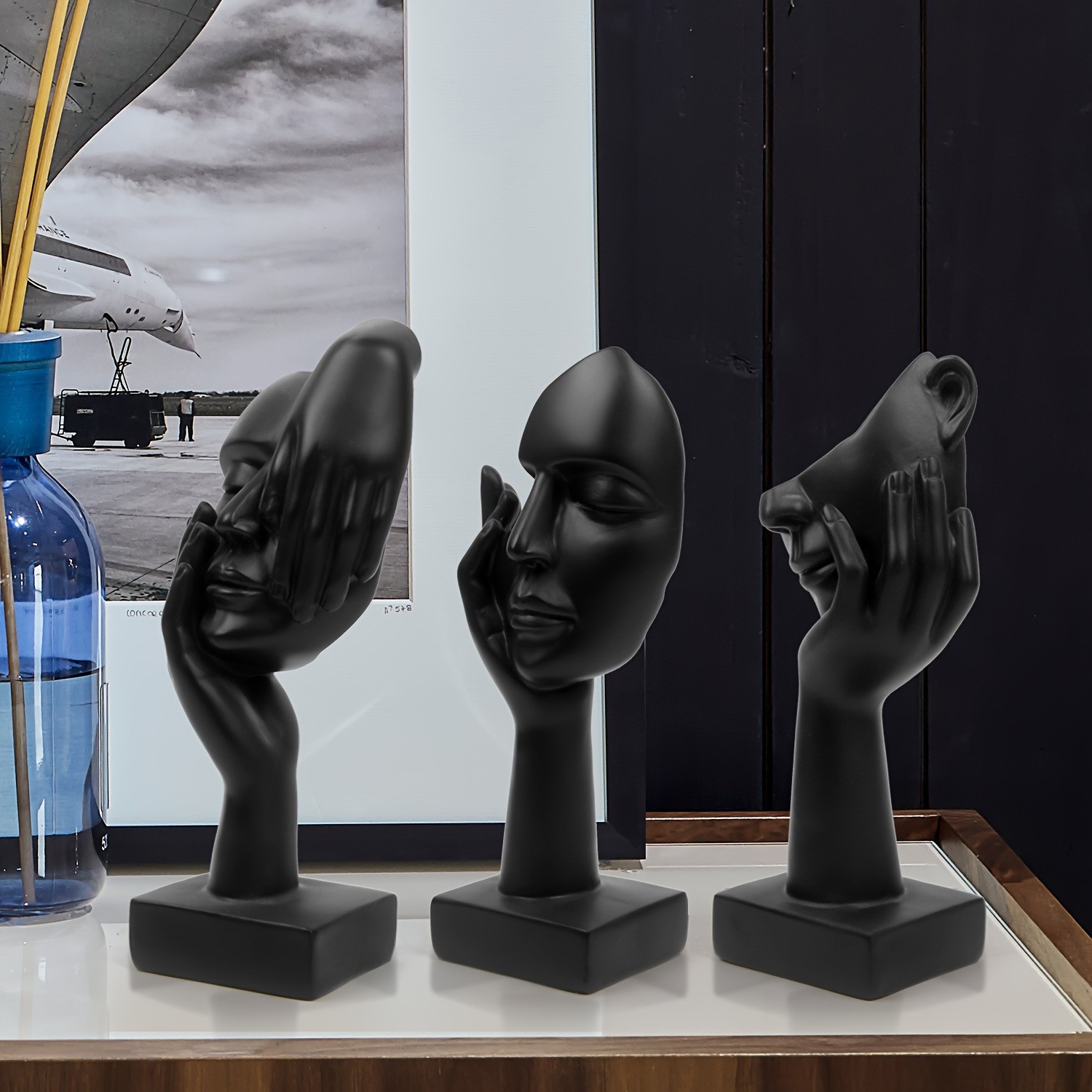 Nuevo lujo ligero de tres piezas artista de cara abstracto decoración de resina decoración de oficina para el hogar arte de estatua