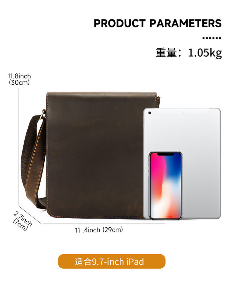 Túi đeo chéo nam da thật da ngựa điên , đựng vừa máy tính bảng 9 inch — Màu cà phê, Màu nâu nhạt