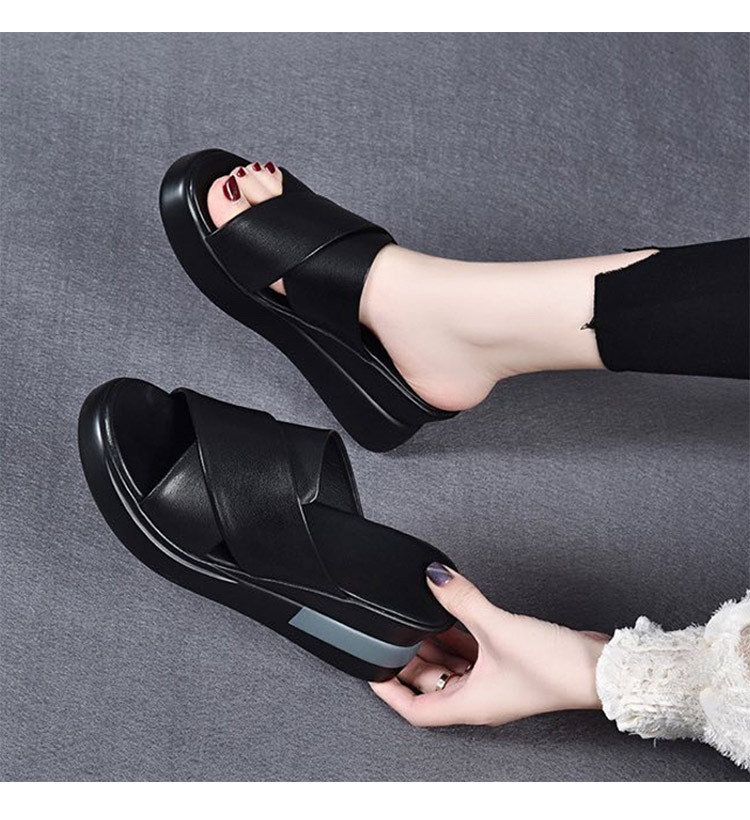 Dép sandal nữ đế xuồng da bò thật quai chữ V gót cao 9 cm — Màu đen (Da bò lớp đầu tiên) chi tiết 4