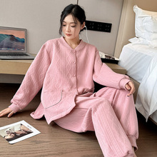 秋冬季大码保暖睡衣女士中等三层加厚绒家居服纯色长袖长裤两件套