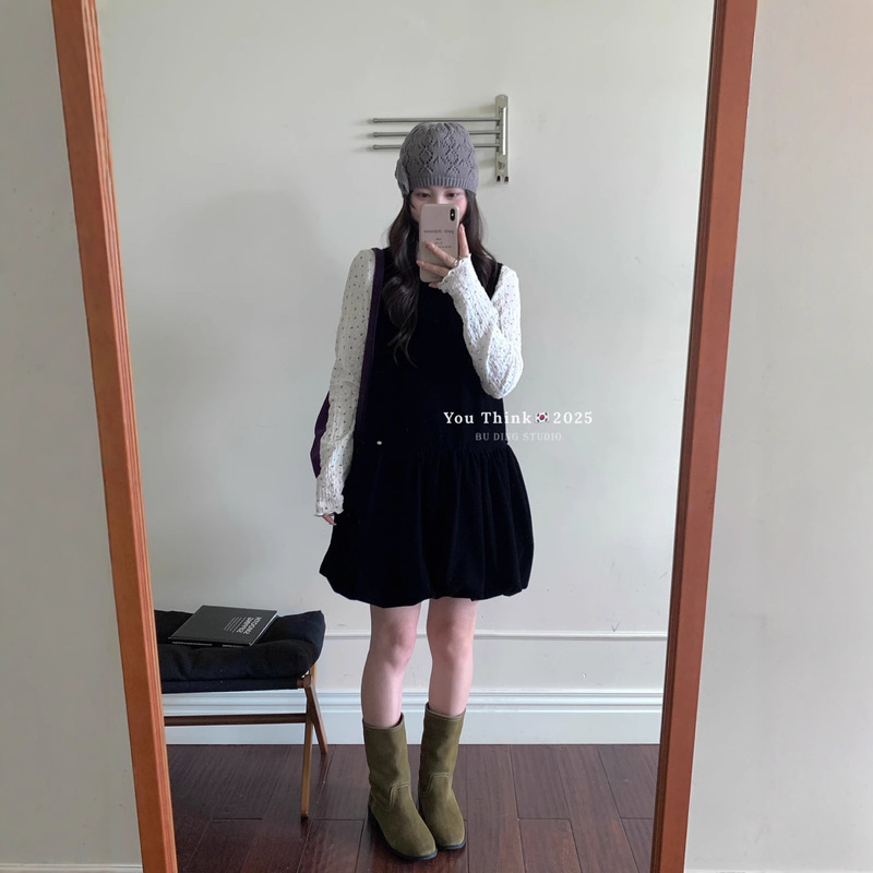 【You Think】Thirteen Lines Commuting Style Velvet Design Loose Versatile Vest Dress for Women