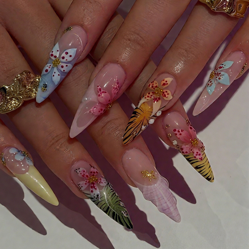 Wearable Nails Export Hot-Selling Ins Style 3D Stereo Multi-Colorful Starfish Flowers Long Pointed Nails Fake Nails Manicure Patches