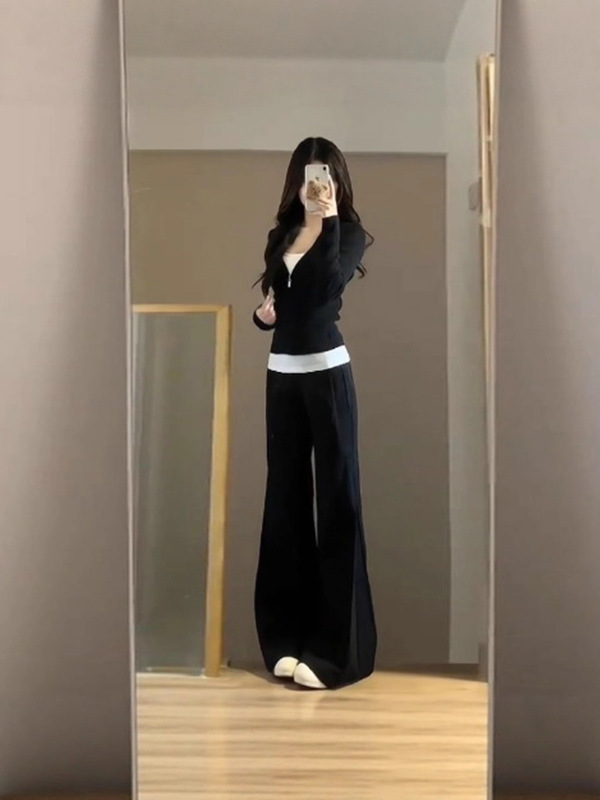 辣妹黑色休闲运动套装女秋修身显瘦长袖上衣内搭吊带阔腿裤三件套|undefined