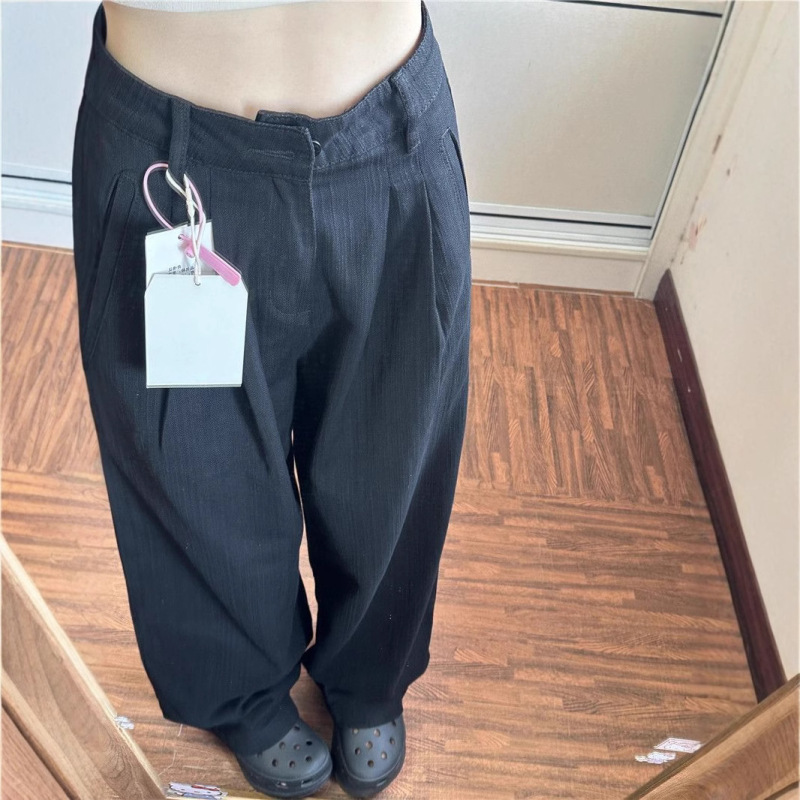 Small Black High Waist Pleated Wide Leg Jeans Women's Autumn New Design Loose Slimming Straight Pants