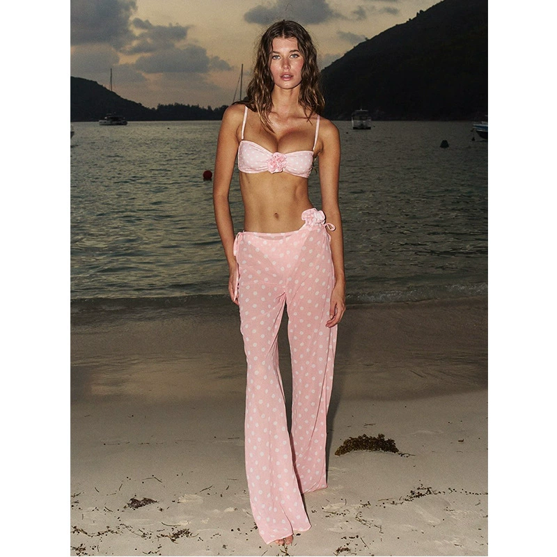 Бикини с топом-трубкой, купальник из трех частей и плавки, европейский и американский женский купальник с разрезом в горошек и трехмерным цветком