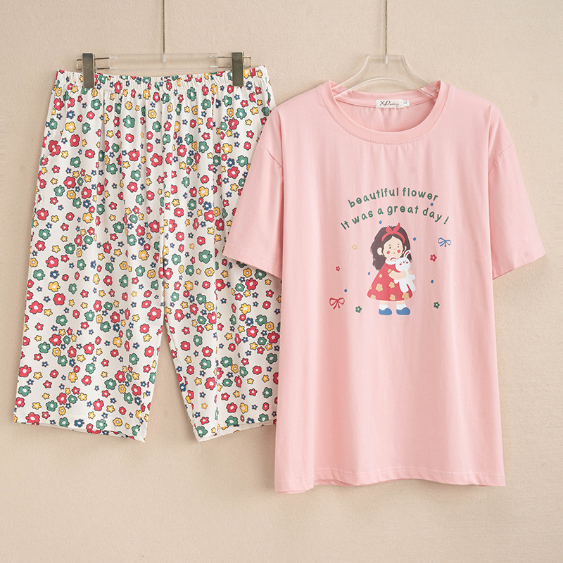 Short-Sleeved Three-Quarter Pants Knitted Cotton Pajamas Set for Women Spring and Summer Casual Loose Large Size Sweet Floral Home Clothes Short-Sleeved Three-Quarter Pants Knitted Cotton Pajamas Set for Women Spring and Summer Casual Loose Large Size Sweet Floral Home Clothes