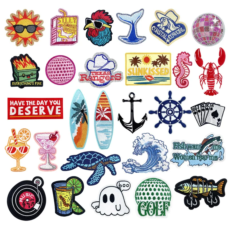 Embroidered Patch Set — Summer Beach & Surf Motifs, Assorted Designs, 6.3×5.1 cm