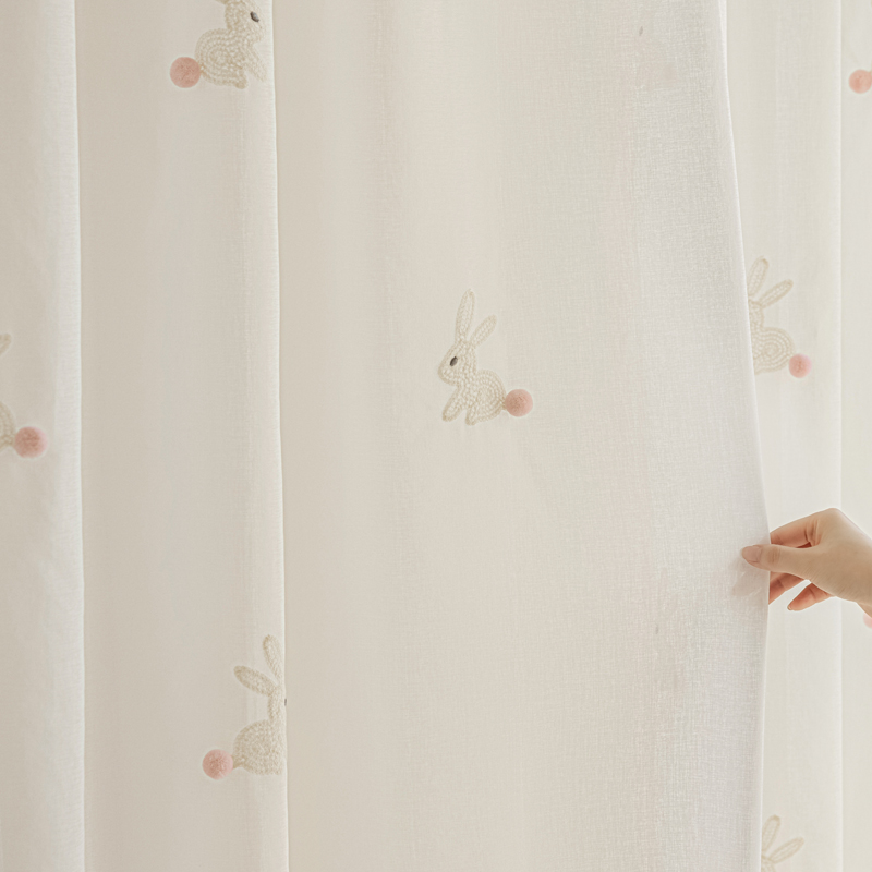 New Ins Cream-Colored Children's Room Curtains, Semi-Transparent Sheer Curtains for Living Room and Bedroom, Embroidered Window Sheer, Super Cute Embroidered Bunny Window Sheer