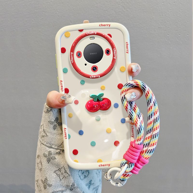 Suitable for Huawei Mate70 Mobile Phone Case with Lanyard, High-End All-Inclusive Anti-Fall Mate600 Colorful Polka Dot Cherry