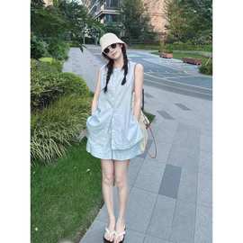 亚麻无袖衬衫套装女夏季韩系穿搭时髦松弛感马甲松紧腰短裤两件套