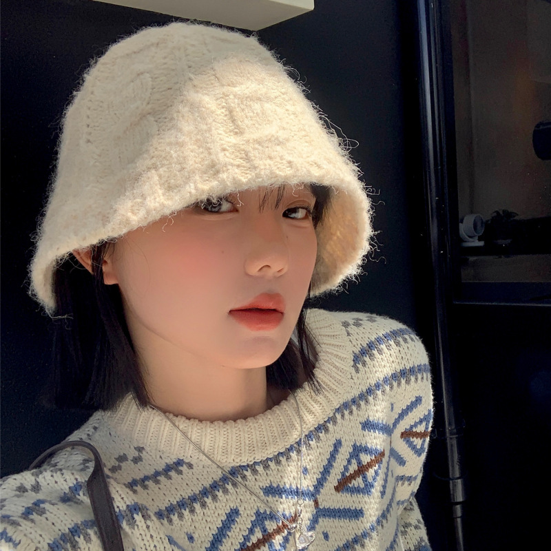 复古白色钩花针织渔夫帽女秋冬季大头围显脸小盆帽感水桶帽子|undefined