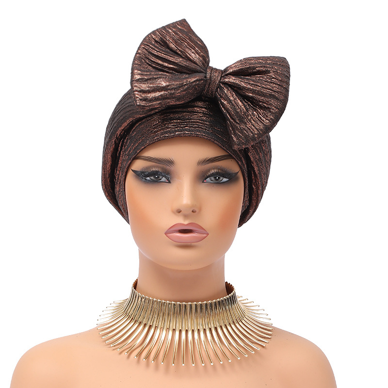 Muslim hat Fashion hot gold forehead big bow African bun hat stretch comfortable headscarf hat_viptrois.com