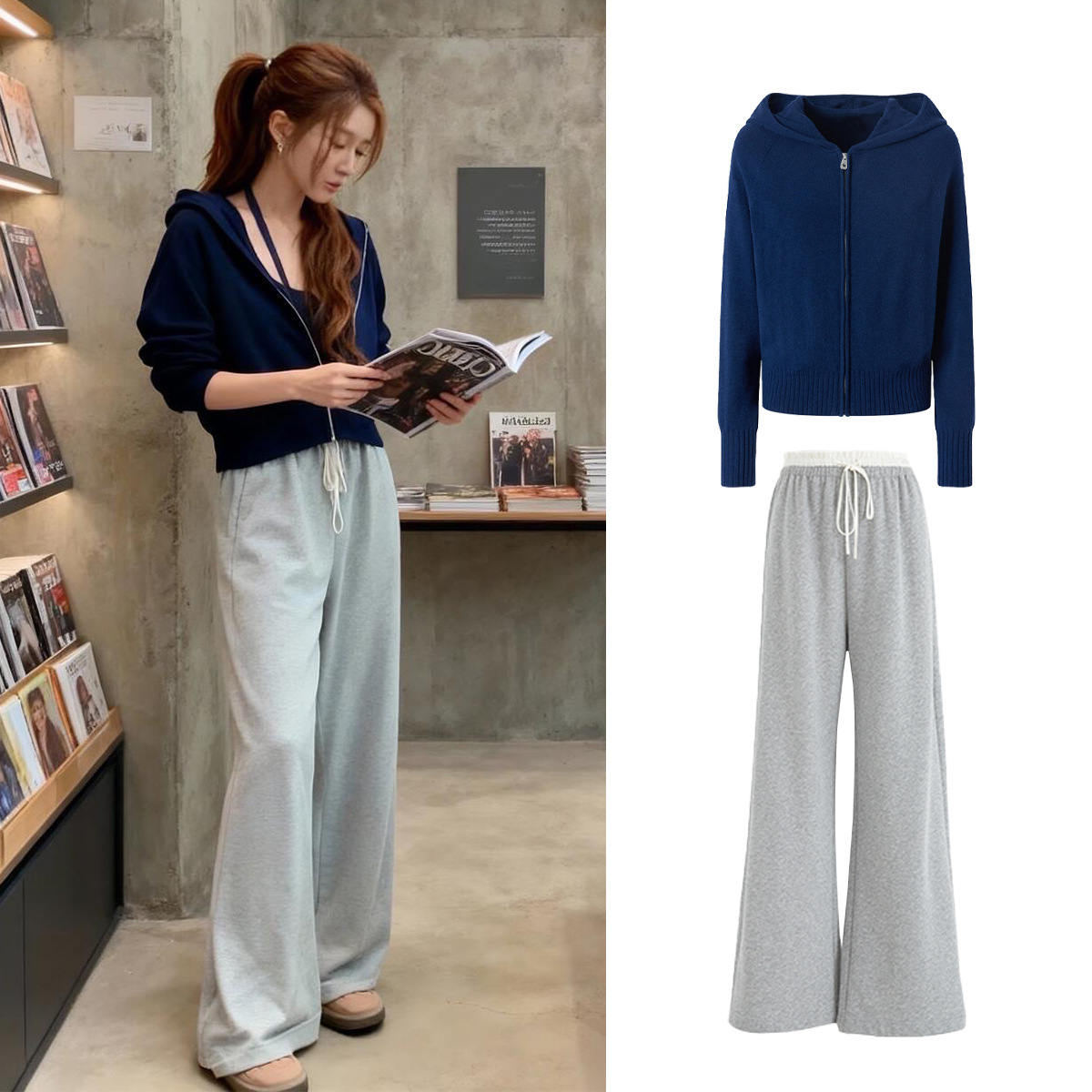 Knitted Sweater Zipper Hooded Sweatshirt for Women Korean Style Short Jacket Gray Casual Trousers Lace-Up Suit for Women