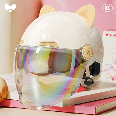 Helmet for Electric Scooters, Women's: Motosiklet kaskı (dəbilqə) - 3c-single-lens-white-colorful-long-lens-class-a-new-national-standard-one-size-fits-all