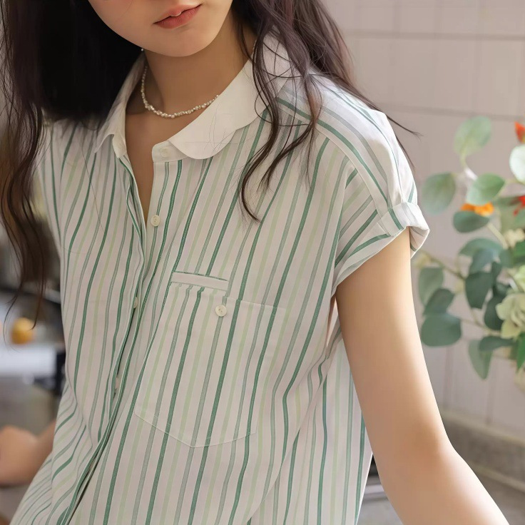 Fresh Retro Linen White and Green Striped Petal Collar Shirt for Women, Summer Lightweight Breathable Loose Short-Sleeved Shirt Top