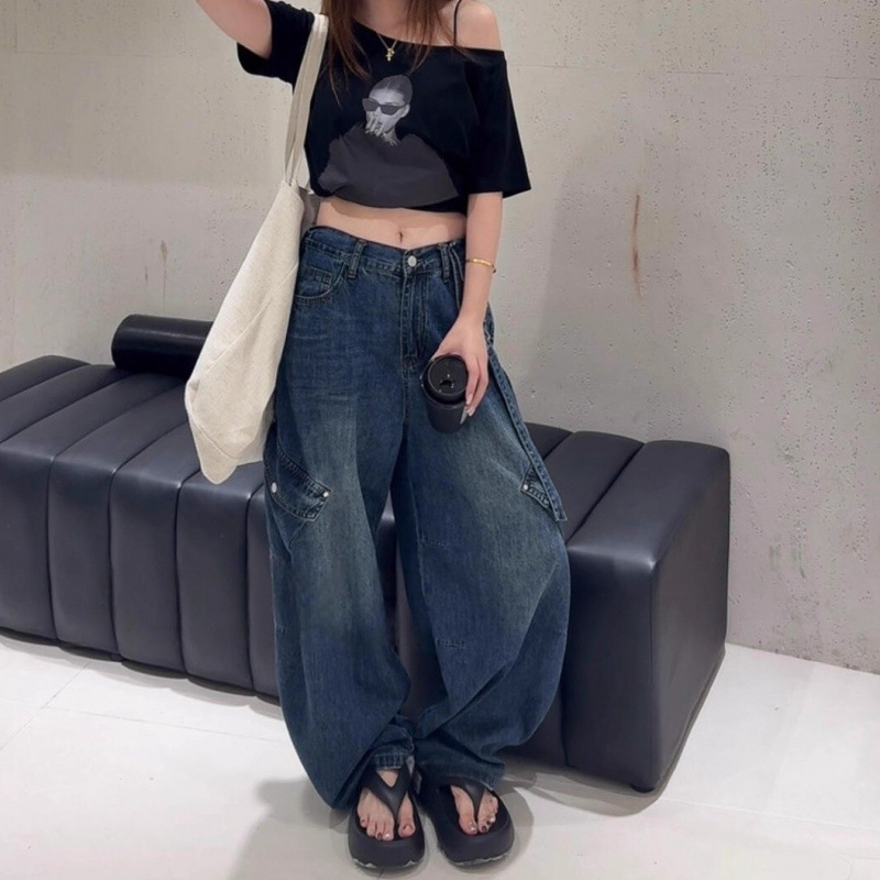美式设计感工装弯刀牛仔裤女秋季2025新款高腰宽松阔脚休闲拖地裤|undefined