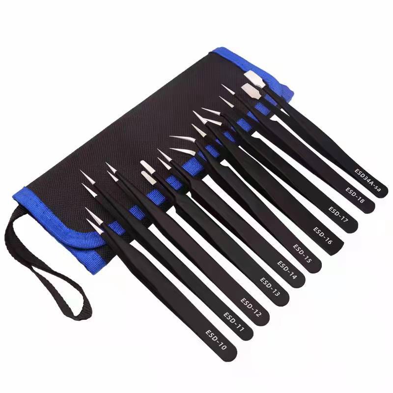 Venta al por mayor bolsa de lona de 9 piezas pinzas traje ESD anti-estática punta codo pelo recoger injerto pestañas eliminación reparación de la máquina