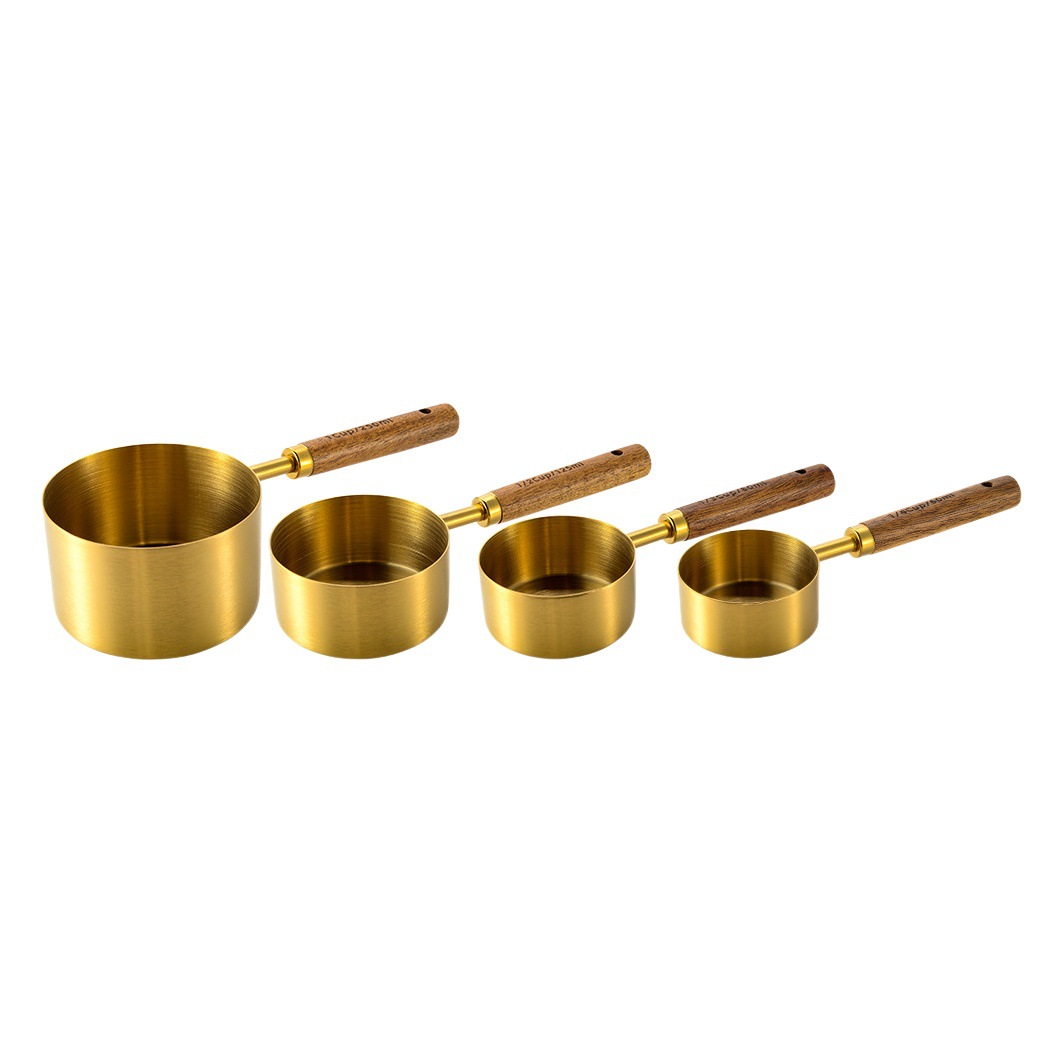 Gold-Plated Stainless Steel Measuring Cups and Spoons with Acacia Wood Handles, Eight-Piece Set of Measuring Tools for the Kitchen, Exclusively for Cross-Border Sales