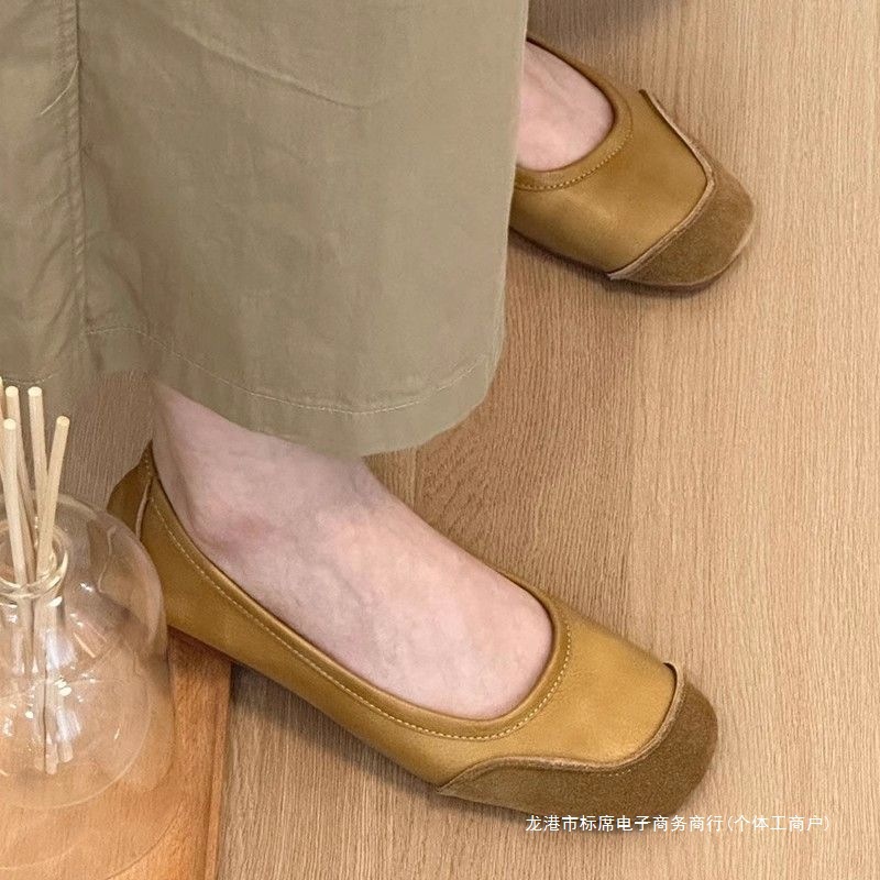 银色玛丽女鞋2025新款设计感撞色芭蕾舞鞋平底浅口气质单鞋黄色