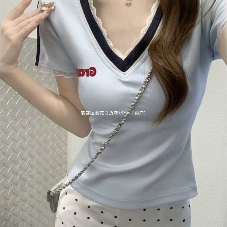 Slim-Fitting Pure Lust Style Hot Girl Top Summer New Lace Edge Splicing Collar Short-Sleeved Shirt for Women with Sweet Design