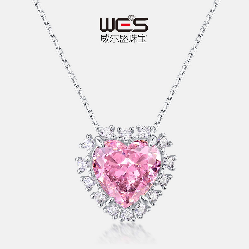 Wilsheng joyería de gama alta de color rosa en forma de corazón 10*10MM de alto carbono diamante colgante 925 Collar de plata fábrica de una sola pieza de entrega