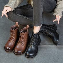 头层牛皮英伦风复古马丁靴秋冬新款加绒粗跟软底百搭舒适短筒女靴