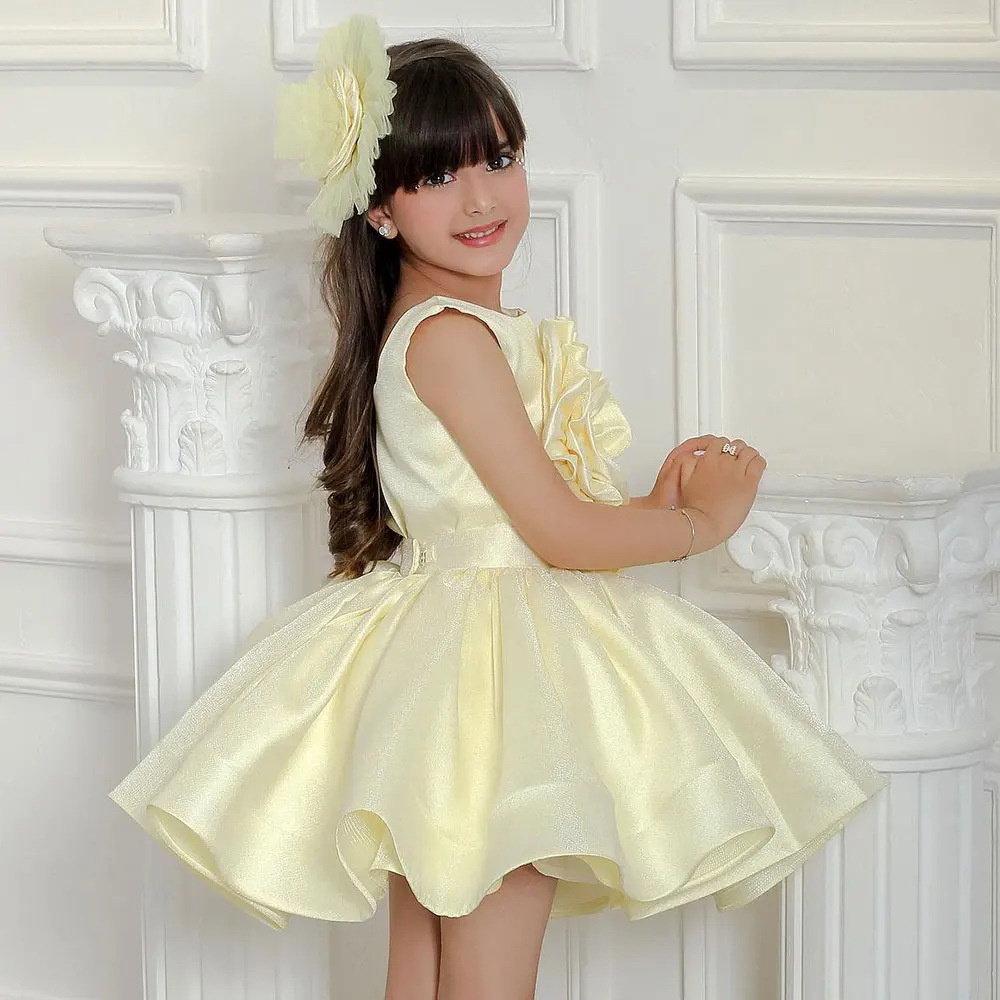 Vestido de fiesta sin mangas de moda para niña, nuevo, color amarillo claro, con estampado floral tridimensional y diseño de princesa._voghion.com