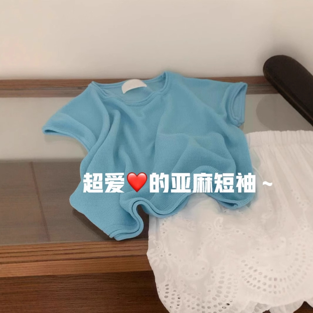 Lake blue knitted short-sleeved shirt for women 2024 summer new…