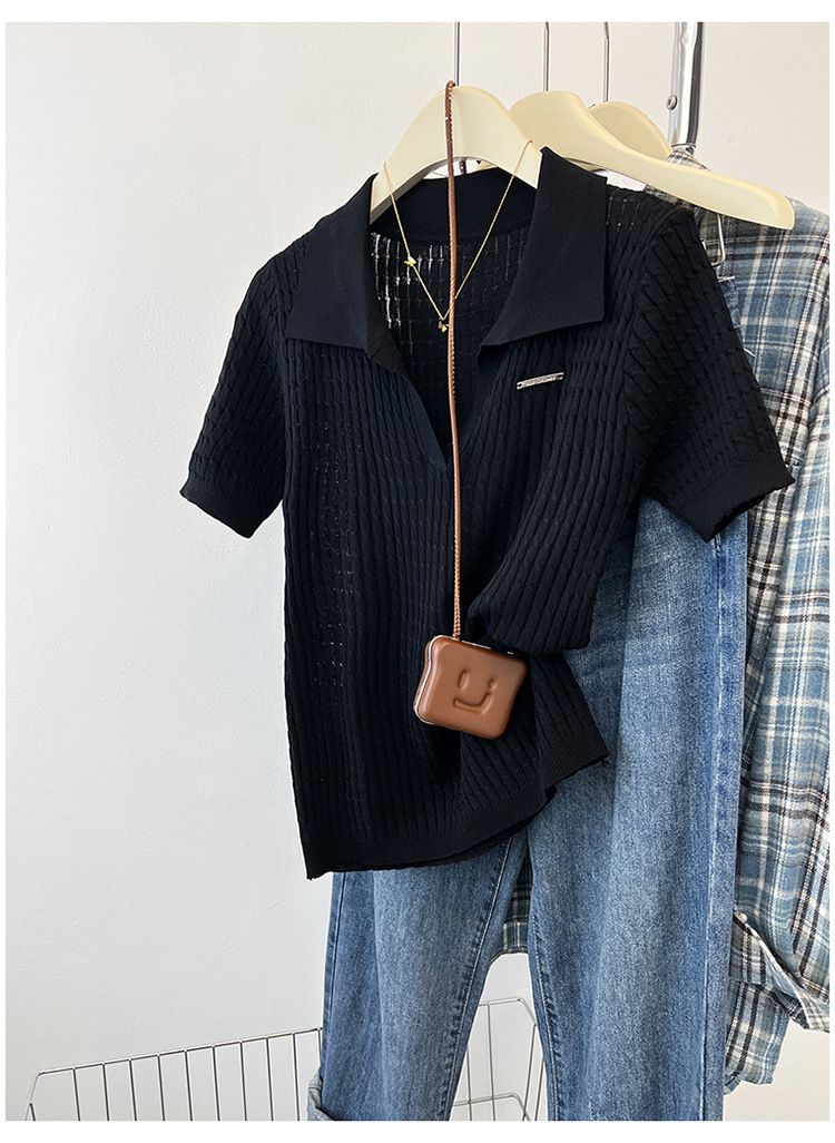 Elegante t-shirt da donna in maglia a trecce con collo a revers_voghion.com